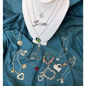 Valentine's Day Jewelry Lot Vintage to Now Hearts Love Necklace Silver Toned